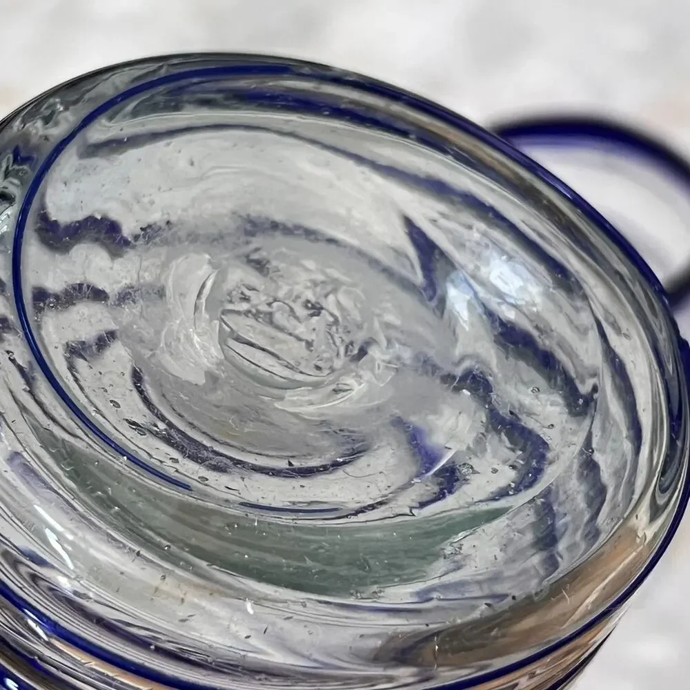 Mexican Hand Blown Drinking Glasses Set of 2 Cobalt Blue Spiral Thick Rim